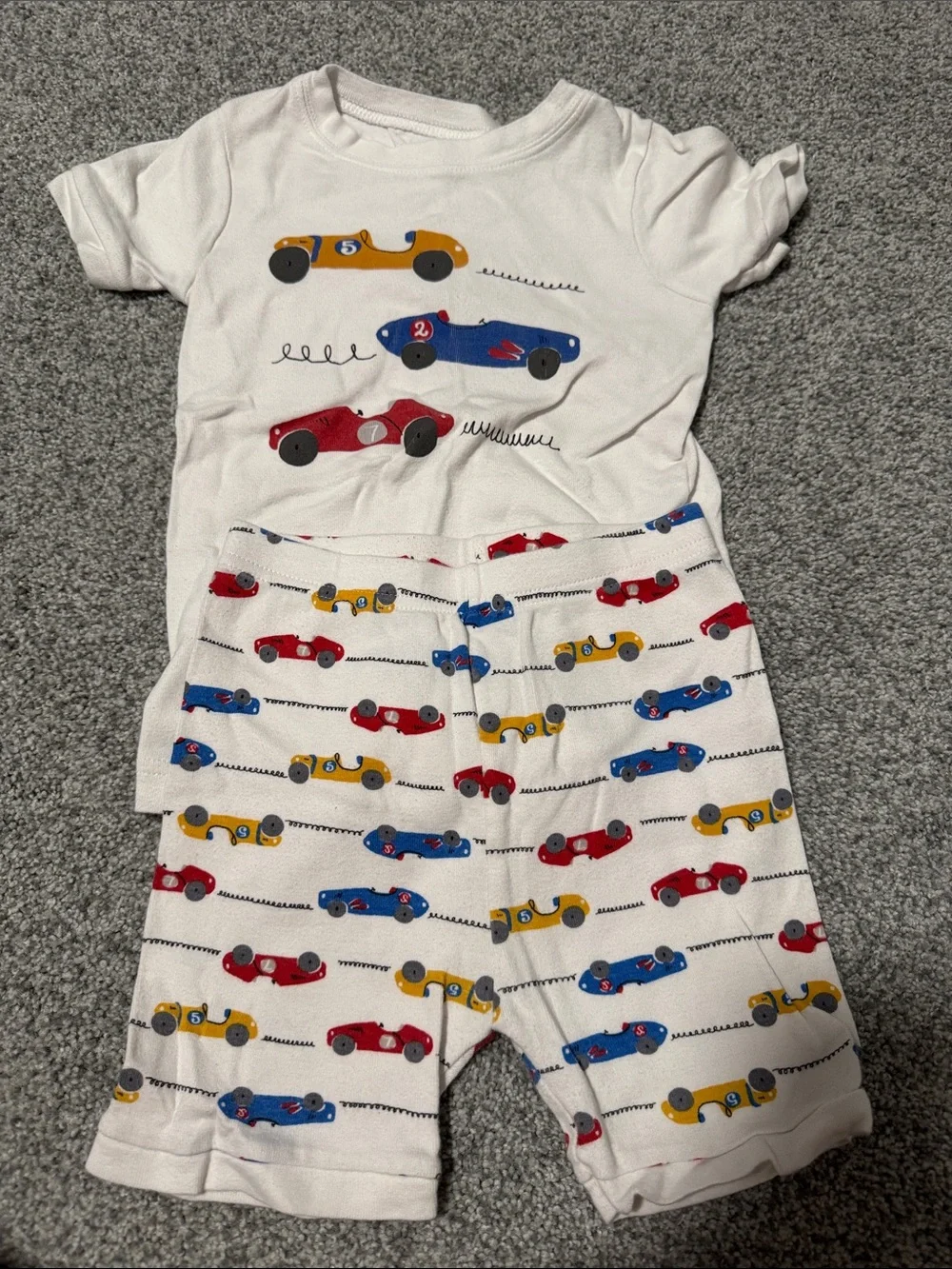 Old Navy White Pajama Set with Red, Blue & Yellow Cars
